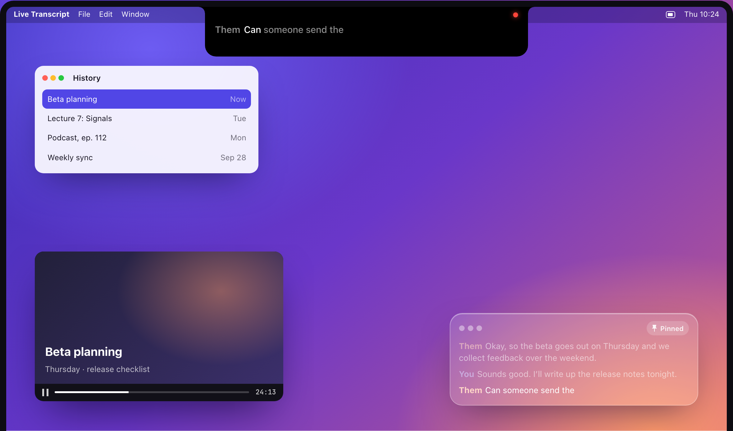 Illustration: Live Transcript on a Mac: captions at the notch, the floating panel and the History window.