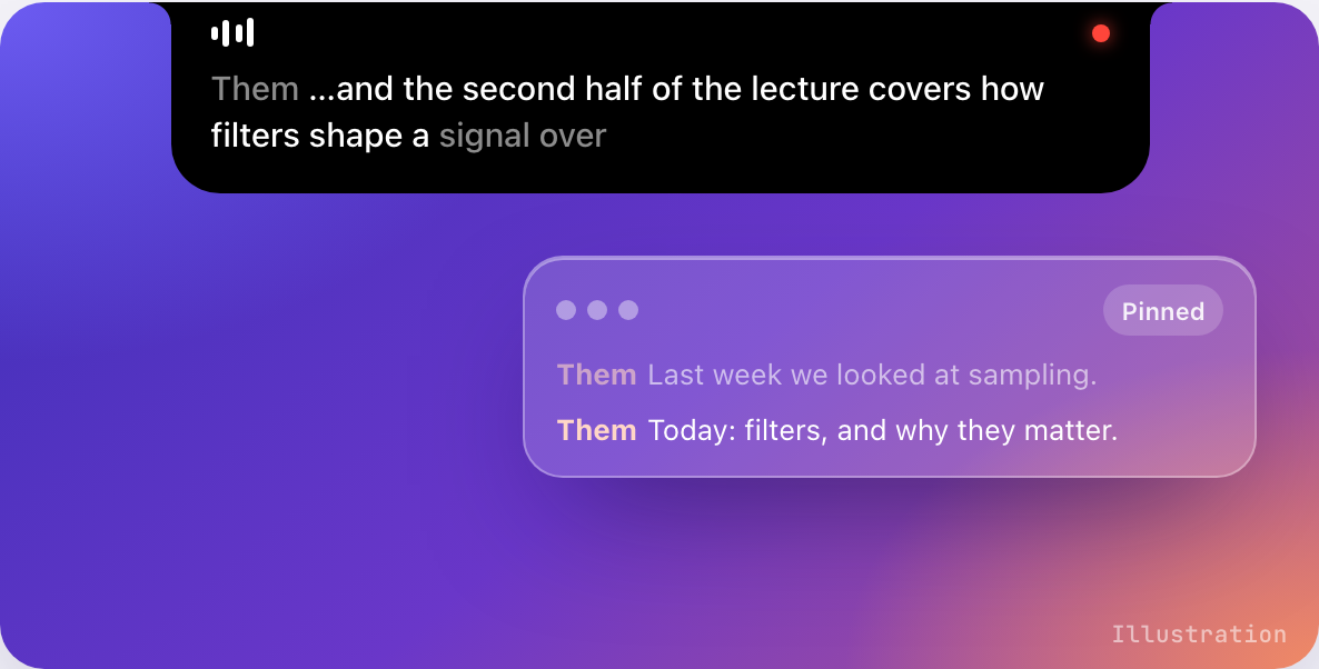 Illustration: Captions hanging from the notch, next to the floating glass panel.